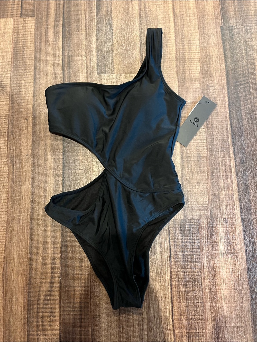 Mono B Black One-Shoulder Cutout Swim One-Piece